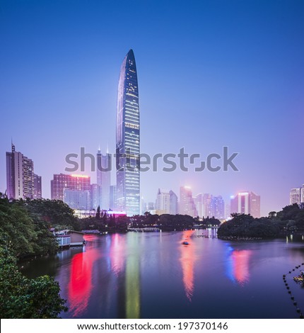 Shenzhen, China city skyline at twilight.