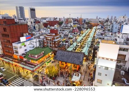 Tokyo, Japan cityscape over Asakusa district and Senso-ji Temple.
