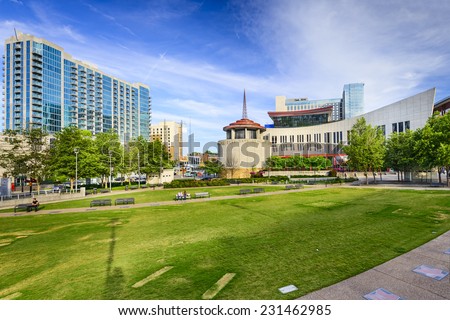NASHVILLE, TENNESSEE - JUNE 14, 2013: Country Music Hall of Fame viewed from Music City Walk of Fame Park.