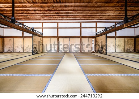 KYOTO, JAPAN - APRIL 9, 2014: The interior of the Kuri, the main building of Ryoanji Temple.