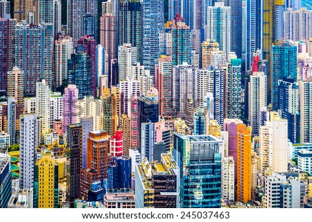 Hong Kong, China dense cityscape of office buildings.