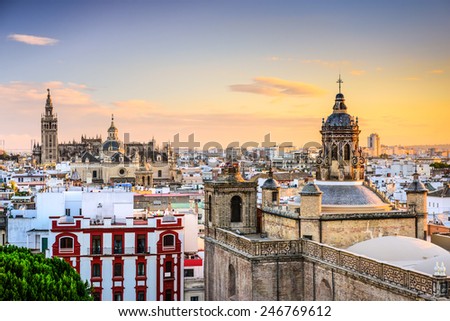 Seville, Spain city skyline at dusk.