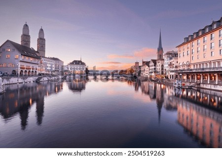 Image, Stock Photo Zurich cityscape with blue tram in the old city center