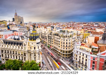 Madrid, Spain cityscape above Gran Via shopping street.