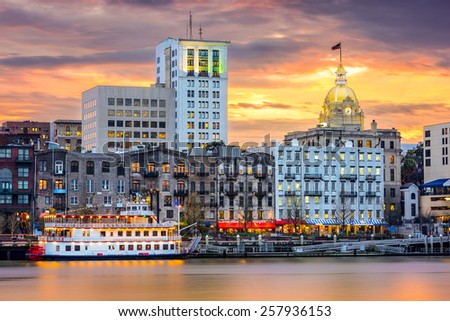 Savannah, Georgia, USA riverfront skyline.