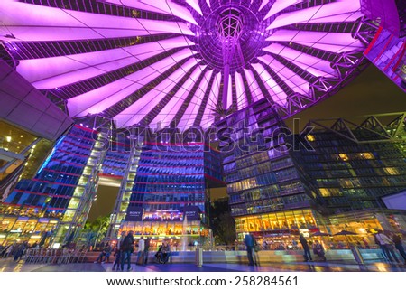 BERLIN, GERMANY - SEPTEMBER 20, 2013: Sony Center at night. The center is a public space located in the Potsdamer Platz financial district.