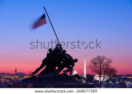 WASHINGTON, DC - APRIL 5, 2015: Marine Corps War Memorial at dawn. The memorial features the statues of servicemen who raised the second U.S. flag on Iwo Jima during World War II.