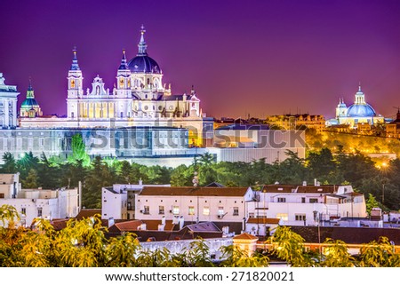 Madrid, Spain skyline at Santa Maria la Real de La Almudena Cathedral and the Royal Palace.