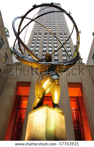 NEW YORK CITY - MAY 14: The historic Atlas Statue in Rockefeller Center stands in front o f the GE Building May 14, 2010 in New York City.