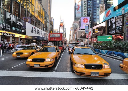 NEW YORK CITY - SEPTEMBER 4: Crown Victoria Taxis, which may be phased out for hybrids, on Broadway in Times Square, September 4, 2010 in New York City.