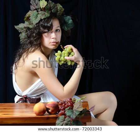 A female version of Bacchus, the roman god of the grape harvest.