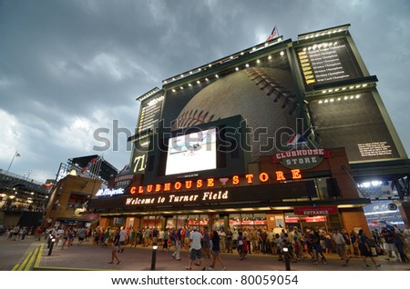 ATLANTA, GEORGIA - MAY 16: The clubhouse Store at Turner Field under stormy skies during a rain delay between the Braves and Mets on May 16, 2011 in Atlanta, GA.