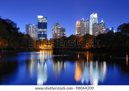 The Downtown Atlanta, Georgia Skyline from Piedmont Park\'s Lake Meer.