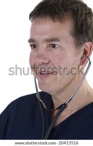 Adult male in medical scrubs over white background