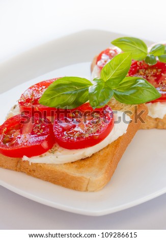 Bread with mozzarella tomatoes and basil leaves