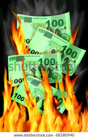 Fictitious money in flames, suggesting ?money to burn? or the decreasing value of some world currencies.