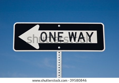 One Way sign on blue sky background