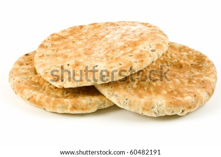 Multigrain pita bread isolated on white background with copy space in horizontal format