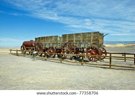Old wagons and water tank at the Harmony Borax Works where 20 Mule Teams hauled the borax out of Death Valley in the 1880's