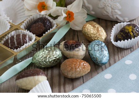 A Selection of Mini Chocolate Easter Eggs. Milk, Plain and Foil Wrapped.
