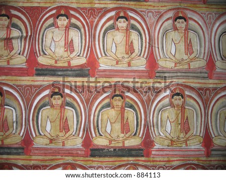 Buddha, cave painting inside the ancient Cave temple, Dambulla, Sri Lanka