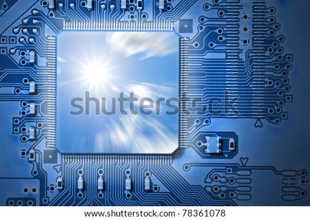 Fast CPU / Processor with sun and cloud graphic, representing power and speed and efficiency, on blue computer, electronic circuit board