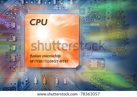 Artistic concept of a powerful, fast and efficient Processor with orange sun and cloud graphic with printed generic CPU info, representing power, speed and efficiency, on blue computer circuit board