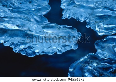 Close up view of smooth, blue ice forming over a stream from both sides. Cold stream water is flowing below the sheets of ice illuminated by natural light. ice forming over a stream from both sides.