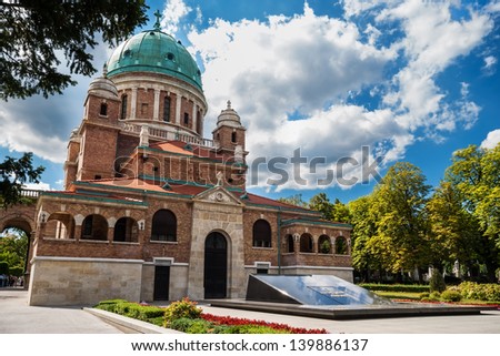 Entrance to Mirogoj cemetery with Church of King Christ in Zagreb, Croatia  and the grave of the first Croatian president Franjo Tudjman