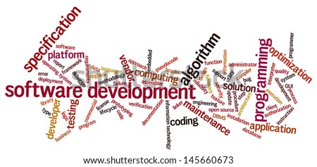 Conceptual illustration of tag cloud containing words related to software development and engineering, programing, coding, computing and software applications.