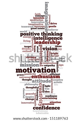 Conceptual illustration of tag cloud containing words related to creativity, positive thinking, confidence, enthusiasm, imagination, inspiration, potential, optimism, motivation. Vector also available