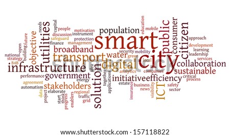 Conceptual tag cloud containing words related to smart city, digital city, infrastructure, ICT, efficiency, energy, sustainability, development and other ICT related terms