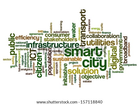 Conceptual tag cloud containing words related to smart city, digital city, infrastructure, ICT, efficiency, energy, sustainability, development and other ICT related terms