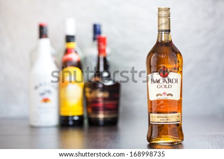 ZAGREB, CROATIA - DECEMBER 29, 2013: Bacardi Gold is rum made by Bacardi Company. It\'s 37.5 - 40% ABV and colorless; it\'s used mostly to make cocktails such as Cuba Libre, Daiquiri or Pina Colada.