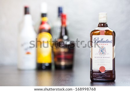 ZAGREB, CROATIA - DECEMBER 29, 2013: Bottle of Ballantine\'s Finest Scotch Whisky. The brand was established in 1827 when George Ballantine supplied range of whiskies to his clientele in Edinburgh.