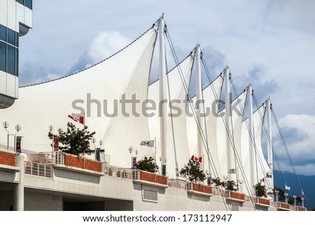 VANCOUVER, CANADA - MAY 16, 2007: Canada Place roof in Vancouver downtown. Canada Place building exterior is covered by fabric roofs resembling sails and was designed by Zeidler Roberts Partnership.