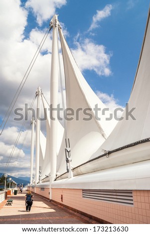 VANCOUVER, CANADA - MAY 16, 2007: Canada Place roof in Vancouver downtown. Canada Place building exterior is covered by fabric roofs resembling sails and was designed by Zeidler Roberts Partnership.