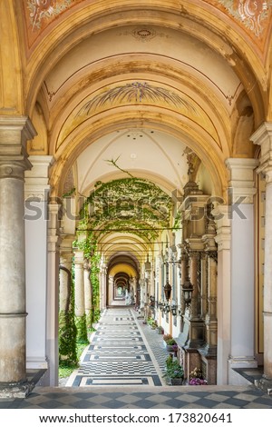 ZAGREB, CROATIA - JULY 27, 2007: Arcades at Mirogoj Cemetery, final resting place of many famous Croatian historic figures and celebrities. They were designed by Herman Bolle and built 1879 - 1929.