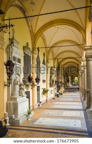 ZAGREB, CROATIA - JULY 25, 2007: Arcades at Mirogoj Cemetery, final resting place of many famous Croatian historic figures and celebrities. They were designed by Herman Bolle and built 1879 - 1929.
