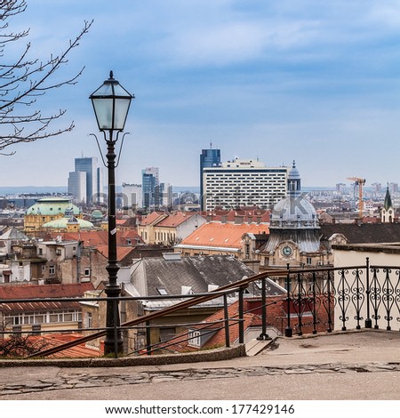 ZAGREB, CROATIA - JANUARY 22, 2011: City center from Upper Town, view at Westiin Hotel. The Westin Zagreb is a 5 star hotel centrally located in the  heart of the city and one of city\'s landmarks.