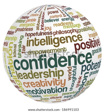 Conceptual tag cloud containing words related to confidence, optimism, creativity, positive thinking, enthusiasm, imagination, inspiration, potential...