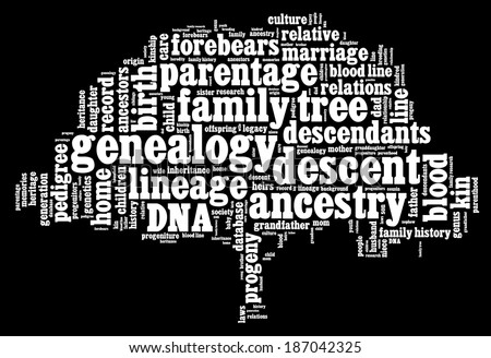 Conceptual image of tag cloud containing words related to genealogy and family history research in the form of a tree. White letters on black background.