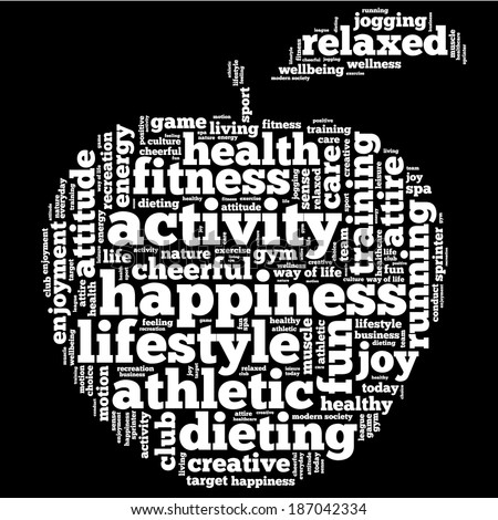 Conceptual illustration of tag cloud containing words related to healthy lifestyle in the shape of an apple. White letters on black background.