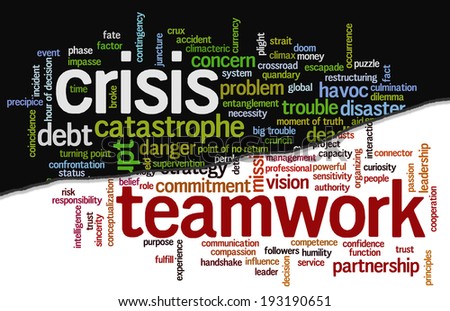 Conceptual tag cloud containing words related to crisis and trouble opposed to strategy, leadership, business, innovation, success, motivation, vision, mission and teamwork.