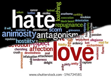 Conceptual tag cloud containing words related to hate and animosity opposed to love, caring, adulation, affection, devotion, passion and zeal.
