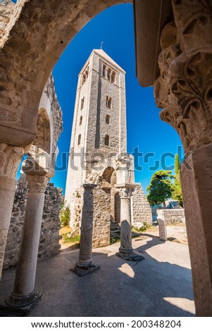 RAB, CROATIA - AUGUST 24, 2009: Remnants of Church on site of Monastery of St. John the Evangelist. Church of St. John the Evangelist is medieval sacral structure in Proto-Romanesque style in Rab.