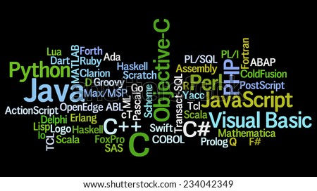 Conceptual tag cloud containing names of programming languages, related to software development and engineering, programing, coding, computing and software applications.