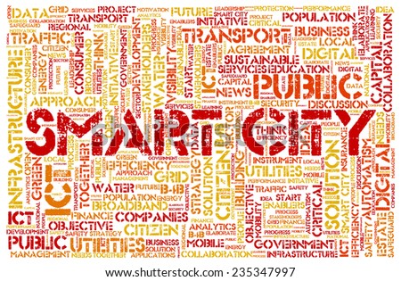 Conceptual tag cloud containing words related to smart city, digital city, infrastructure, ICT, efficiency, energy, sustainability, development and other ICT related terms