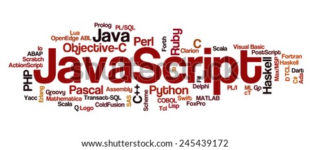 Conceptual tag cloud containing names of programming languages, Javascript emphasized, related to web and software development and engineering, programing, coding, computing and software applications.