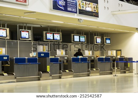 DUBROVNIK, CROATIA - FEBRUARY 12, 2015: Check-in desks at Dubrovnik Airport main terminal building, which opened in May 2010 and stretches over 13,700 square meters.